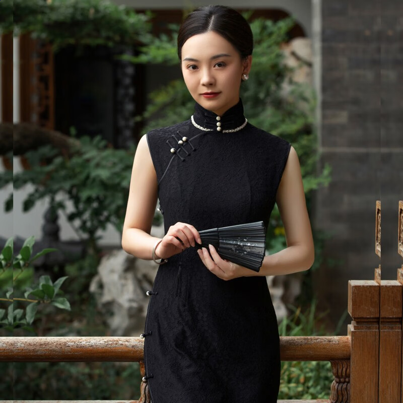 逸福夏季新款黑色蕾丝旗袍长款 端庄优雅复古修身旗袍裙 民国风无袖