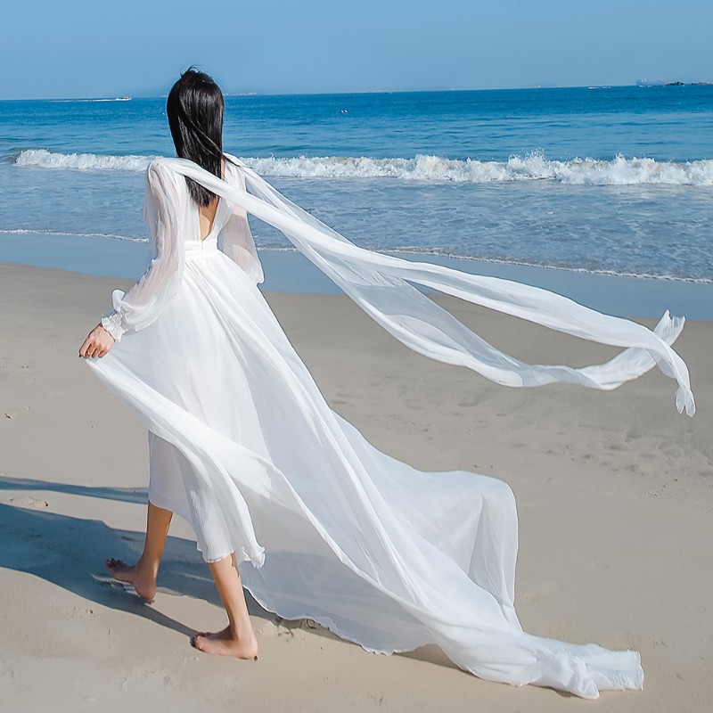 moshe拖尾沙滩裙超仙夏季新款海边度假三亚巴厘岛沙漠旅行长裙子飘带