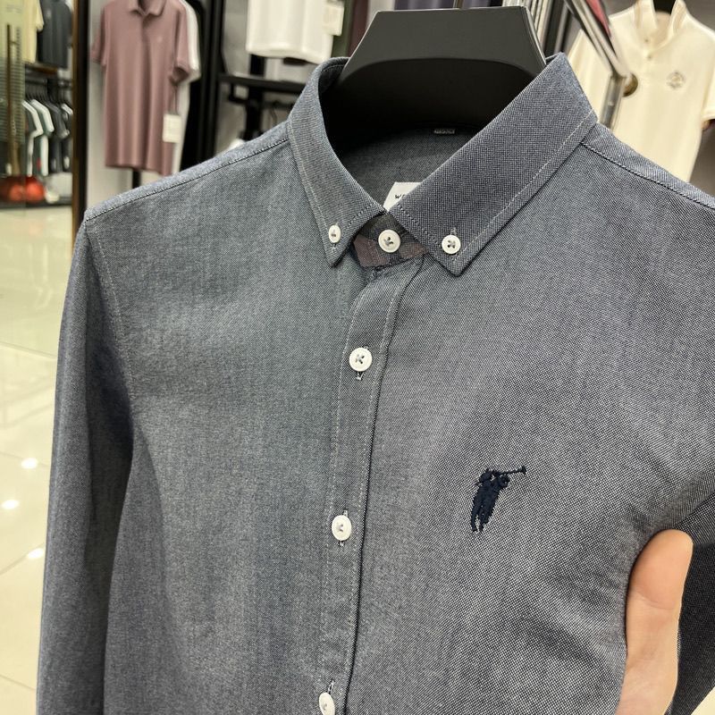 POLO100纯棉纯色长袖男士衬衫春秋刺绣商务休闲牛津纺男工装 天蓝 4XL 建议190-210斤
