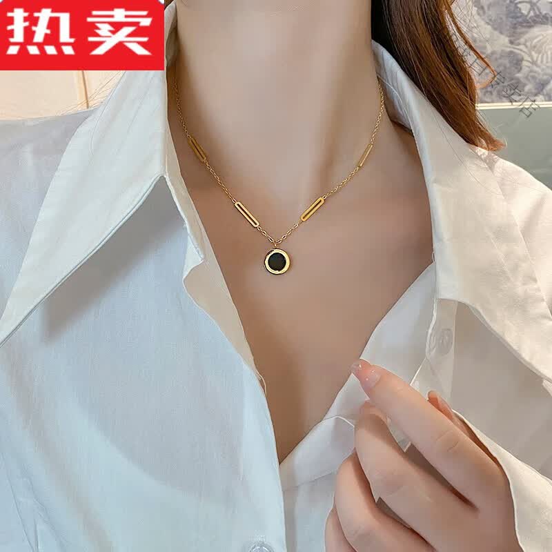 钛钢项链女年新款轻奢小众设计高级感毛衣锁骨链吊坠装饰 黑白双面