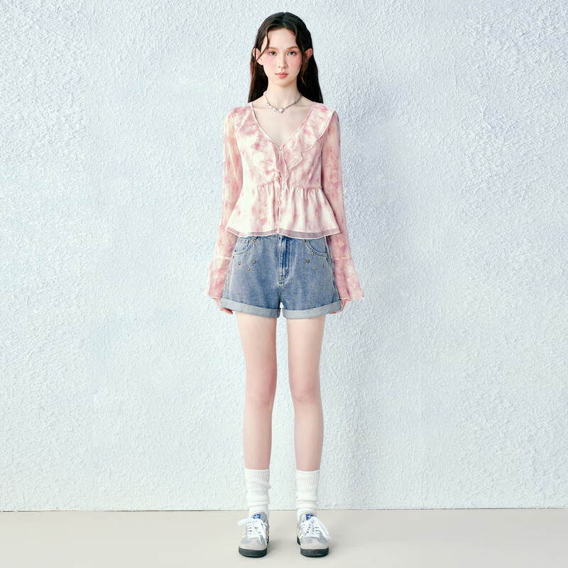 乐町甜美浪漫肌理感清透印花木耳边衬衫夏季新款V领显瘦衬衣 彩色印花(现货) S