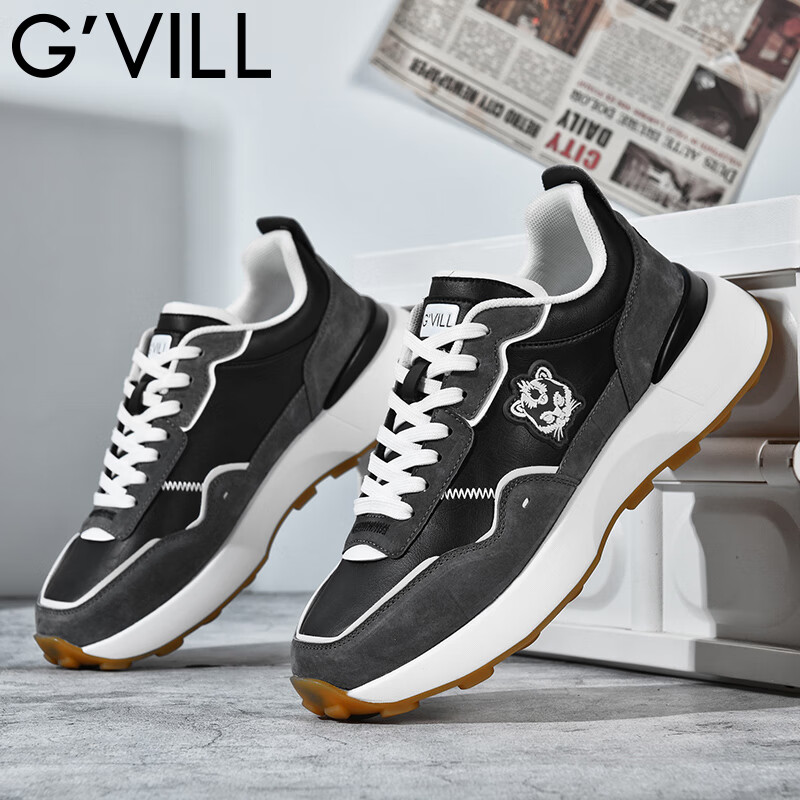 贵之步G'VILL 男鞋春秋季2024新款真皮潮流百搭老爹鞋子跑步运动休闲鞋 黑灰 42