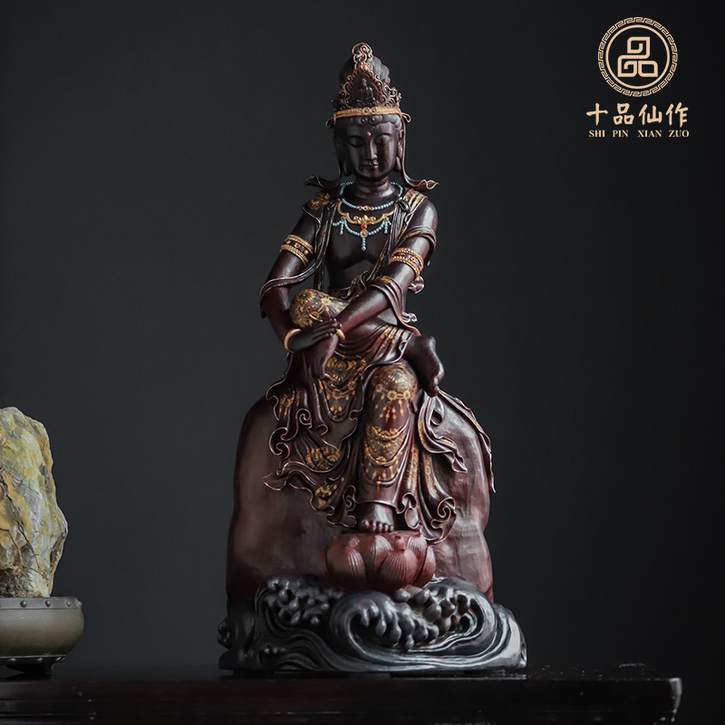 印度小叶紫檀观音手工描金木雕工艺品摆件檀香紫檀观世音菩萨佛像十品