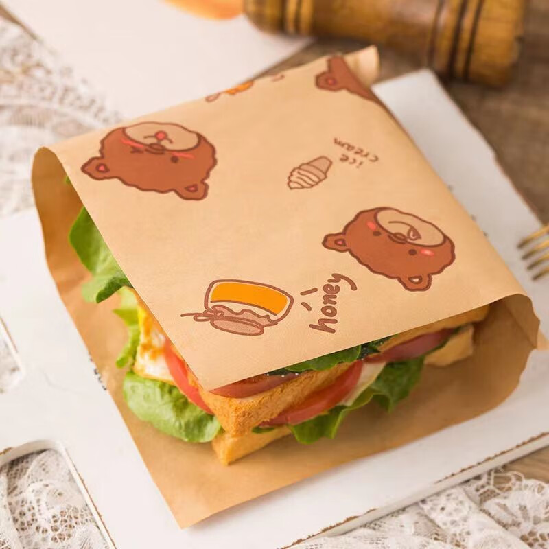 慕质（MUZHI）三明治包装纸家用防油三文治汉堡饭团包装盒煎手抓饼纸袋子 免折叠【小熊】50张（52%选择）