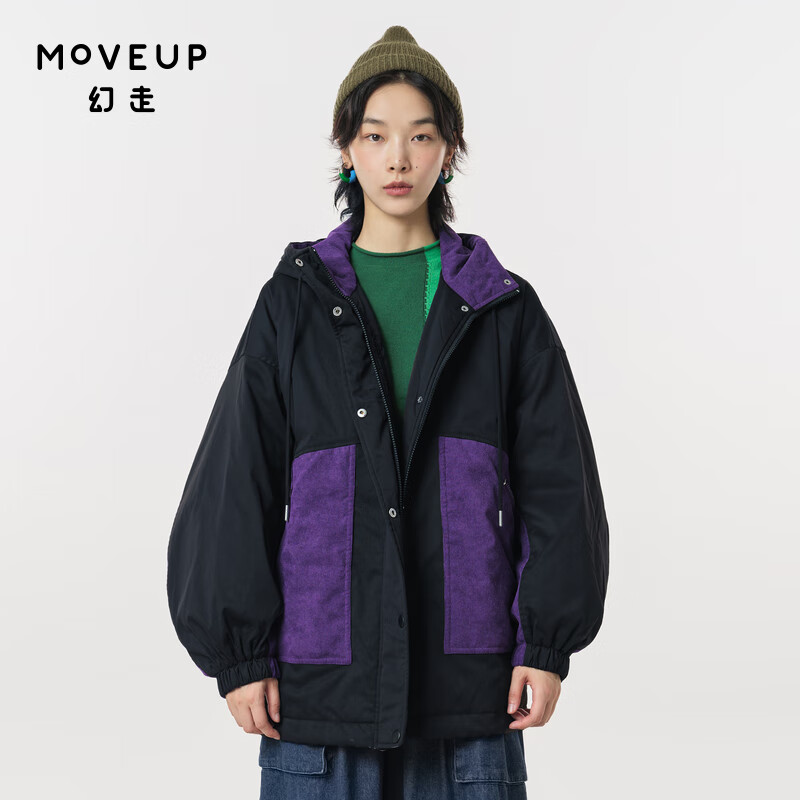 幻走（MOVEUP）2023秋季.FUN系列拼接繡花設(shè)計(jì)師中長(zhǎng)款棉外套女 夜黑 L
