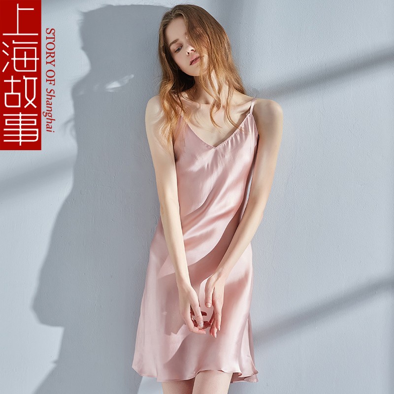 上海故事 真丝睡衣女士春夏白色吊带裙高档桑蚕丝丝绸