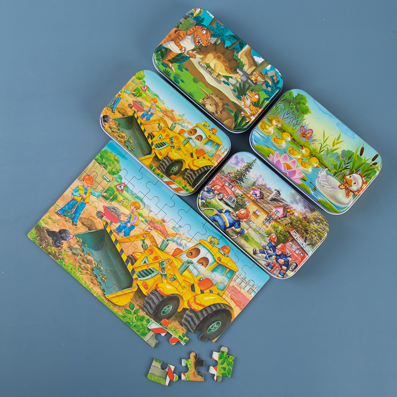 三格田（SANGTY） 儿童60片木质拼图盒装儿童2智力玩具两3岁早教4拼图板5岁 4款（恐龙+消防+挖掘机+小黄鸭）