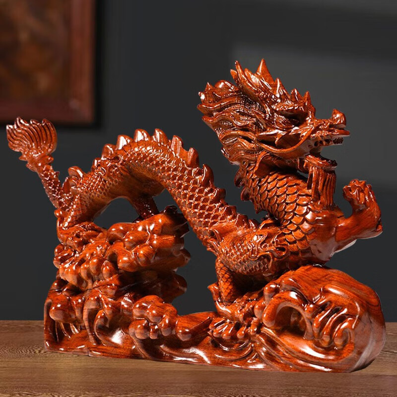 天从 金龙摆件花梨实木雕刻生肖龙装饰品木制神龙工艺品开业礼品礼物