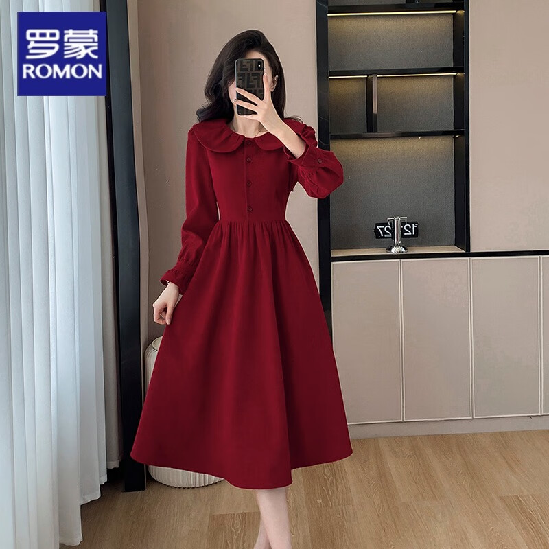 罗蒙高级感娃娃领红色连衣裙女新款法式赫本风内搭长裙 酒红色 s