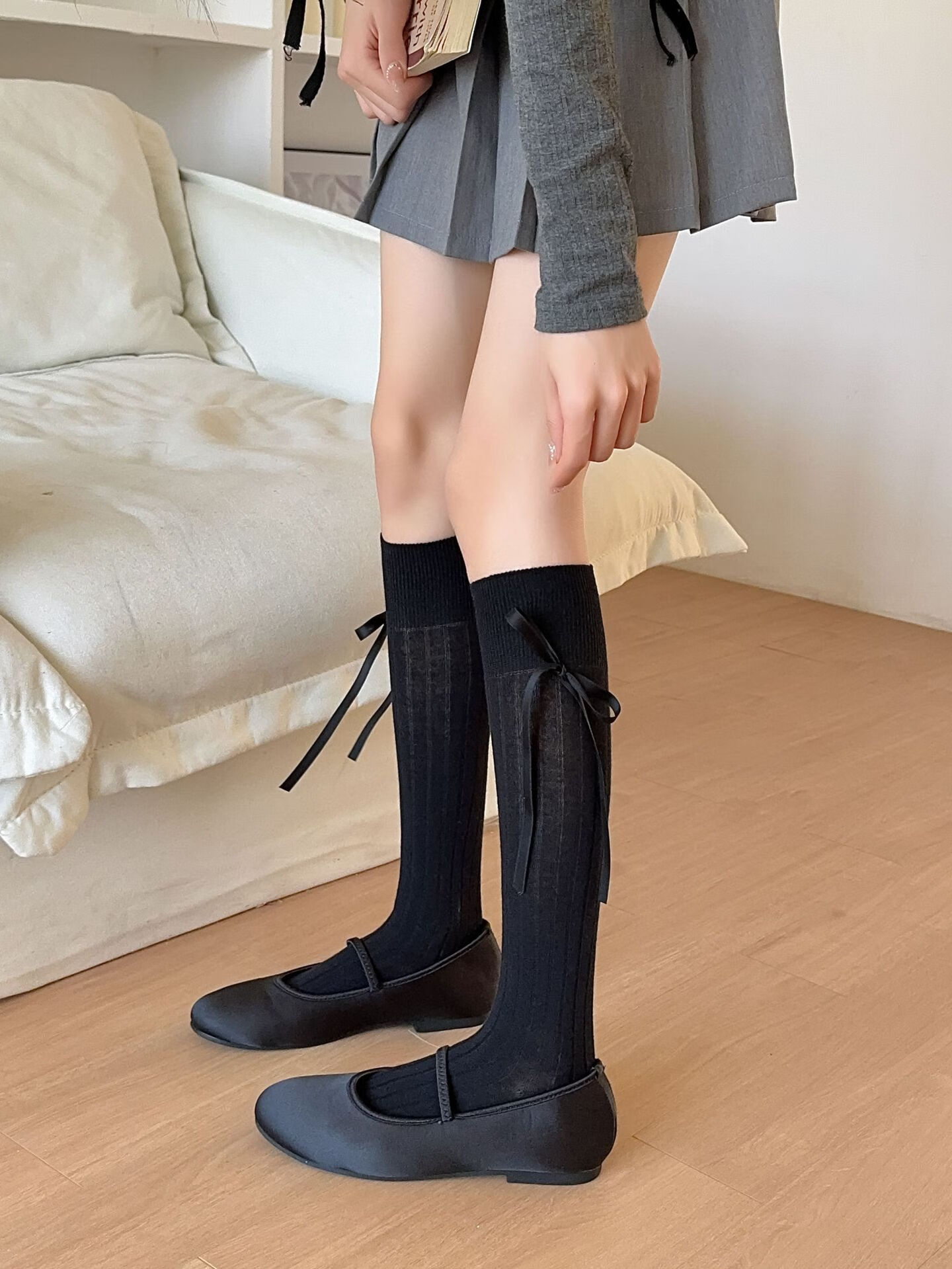 岚朵兰小腿袜女日系jk风绑带蝴蝶结长筒袜百搭甜美少女纯色袜子 黑色