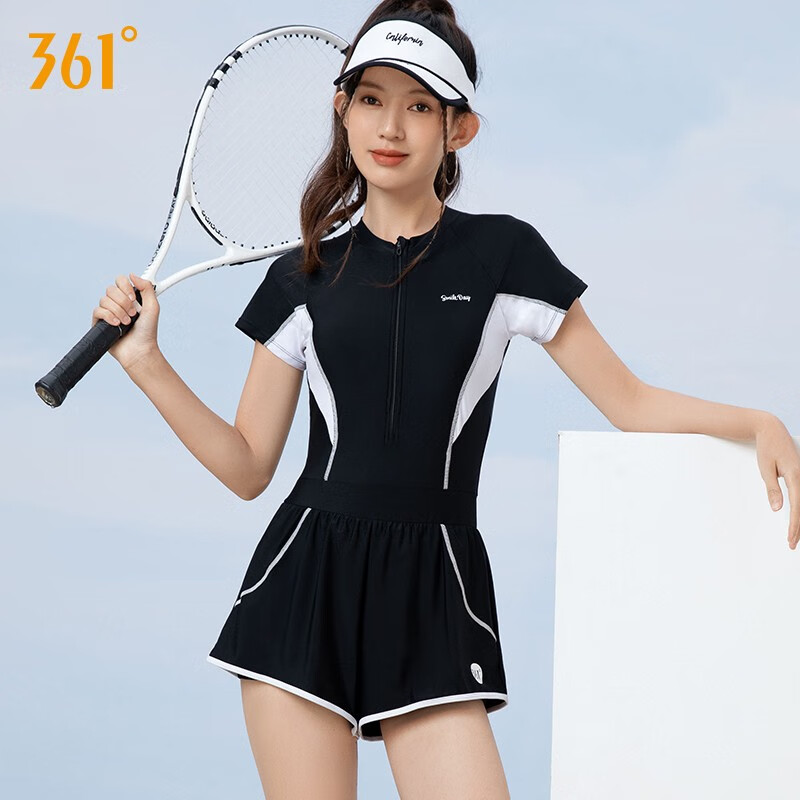 361°游泳衣女款连体泳衣2025新款保守遮肚显瘦平角高级感泡温泉泳装 黑色三件套（泳衣＋泳镜＋泳帽） M 身高155-160cm体重40-49kg