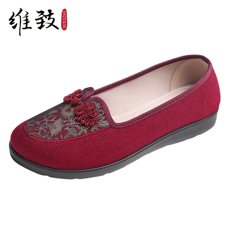 维致单鞋女软底妈妈鞋一脚蹬绣花中式国风老北京布鞋 WZ1044红色37
