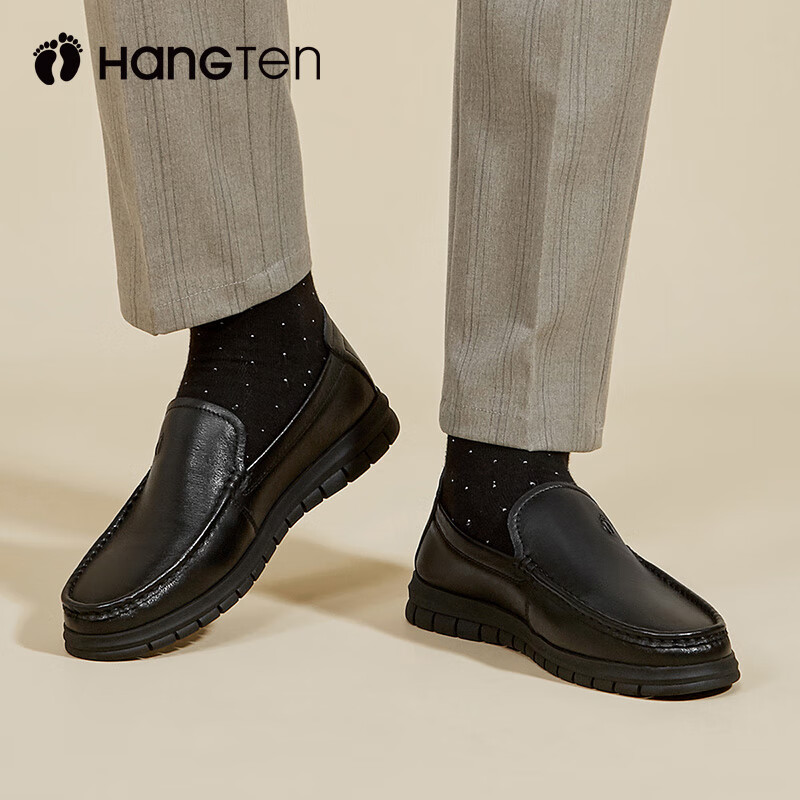 欢腾(HANG TEN)休闲皮鞋男真皮透气软底中年商务男士休闲鞋轻便防滑上班办公套脚 黑色 44