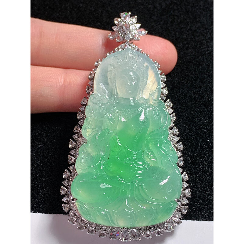绿翠天成 翡翠冰种飘绿度母吊坠 缅甸a货翡翠18k金镶嵌女款66.7/35.
