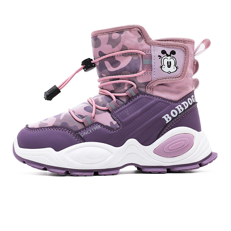 巴布豆童鞋男童加绒靴子冬季棉鞋女保暖休闲棉鞋儿童雪地靴 紫檀/玫瑰紫 36 适合脚长21.5cm