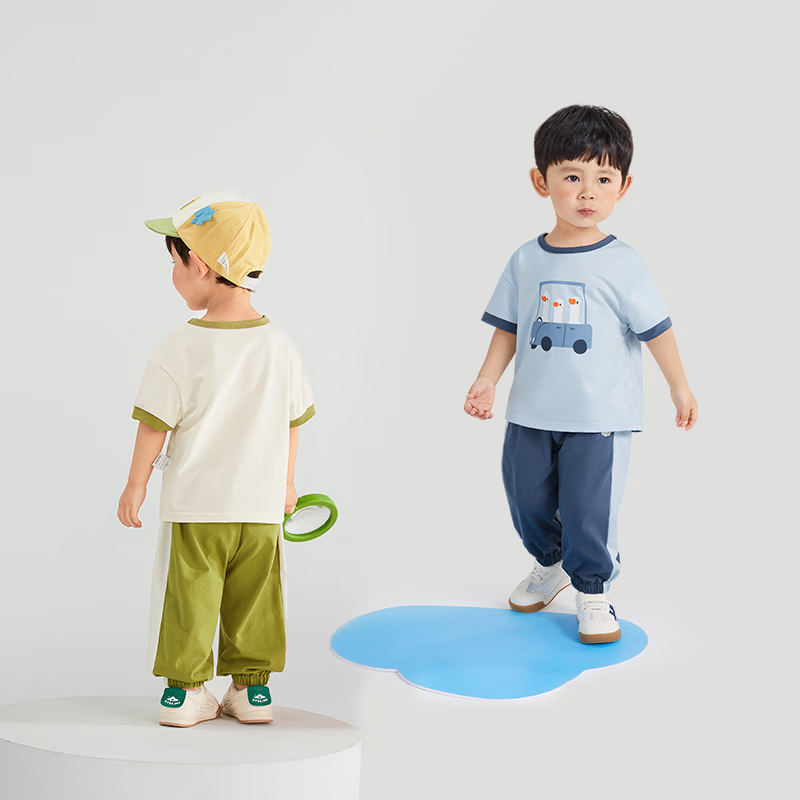 JELLYBABY男童潮帅气时髦套装小童夏季短袖抗菌两件套宝宝衣服儿童夏装男孩 绿色 120 CM