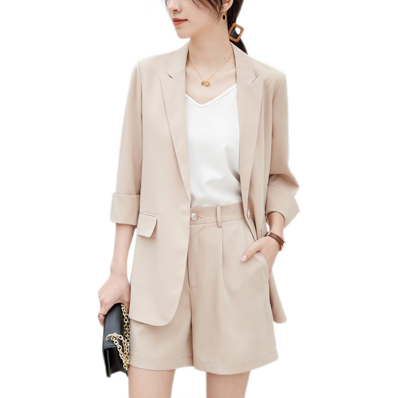 KCV女裝西裝外套女夏季新品薄款垂感韓版休閑套裝時(shí)尚職業(yè)小西服 煙粉九分/褲套裝 L