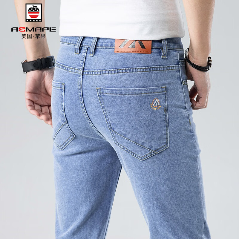 aemape美国苹果高端浅色牛仔裤男修身直筒韩版春夏季弹力休闲长裤子男
