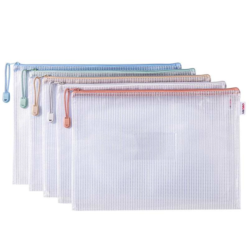 得力(deli)5只A4防水网格学科拉链袋文件袋学生彩色文件袋标签款 莫兰迪色系混色63484