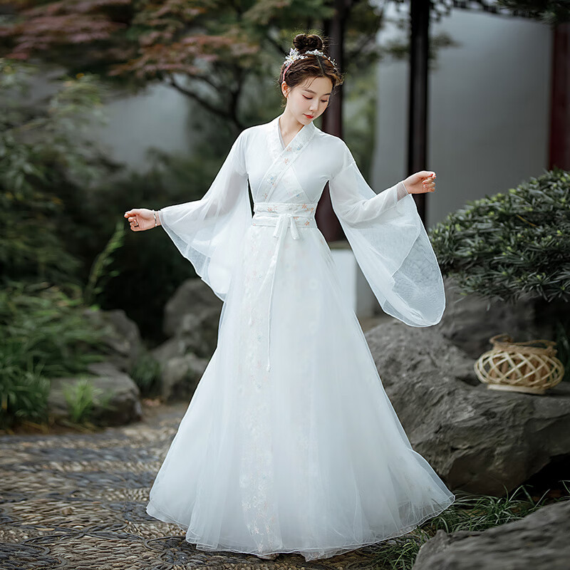 承蜜改良汉服女齐腰古装白色超仙气古风飘逸中国风古典舞舞蹈演出服装