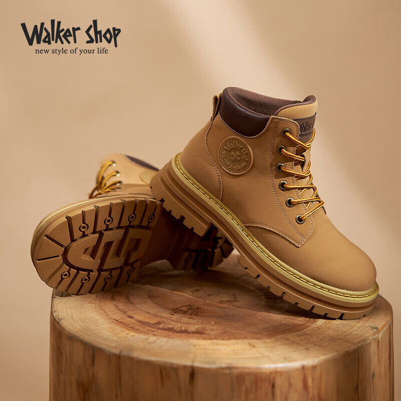 奥卡索 Walker Shop 女鞋高帮厚底保暖时尚大黄靴马丁靴工装靴舒适系带休闲工装鞋 M125323 棕色 37 