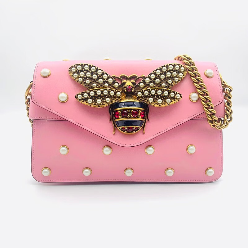 【二手95新】古驰gucci粉色玛格丽特全皮珍珠小蜜蜂链条单肩包