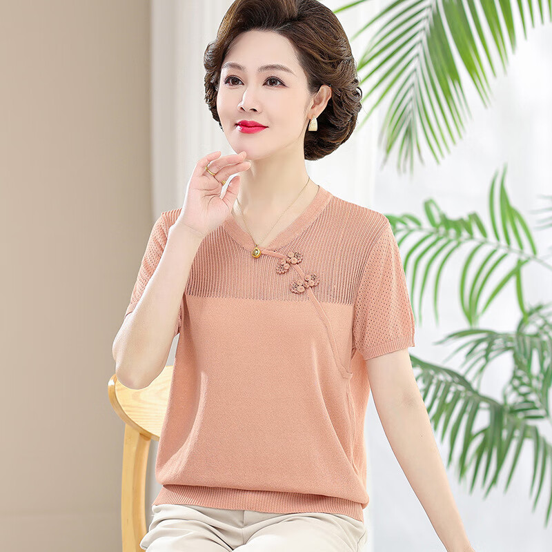 洋气妈妈装旗袍领小衫2023中年女士夏装冰丝短袖中老年宽松t恤衫 粉色