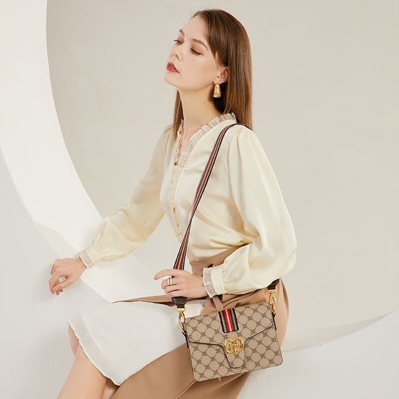 酷奇袋鼠包包酷奇女包轻奢包包女包单肩包女士斜挎包印花包送老婆生日礼物 浅啡色 三条肩带【礼盒包装】