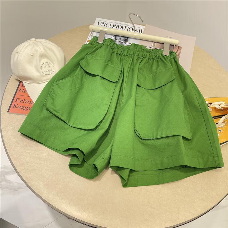 中凡智300斤超立体大口袋工装短裤女夏宽松港风高腰a字阔腿裙裤 绿色