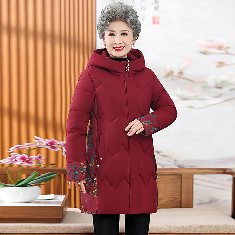 確不凡媽媽穿的羽絨服50-60歲冬裝媽媽女士老人綿衣舒適外套時尚綿襖 紅色 XL 建議[95-110斤]