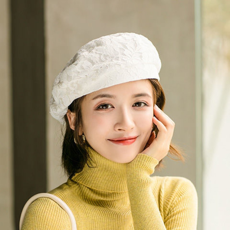 薄款蕾丝贝雷帽女夏季韩版时尚百搭蓓蕾帽优雅文艺春秋日系画家帽 纯