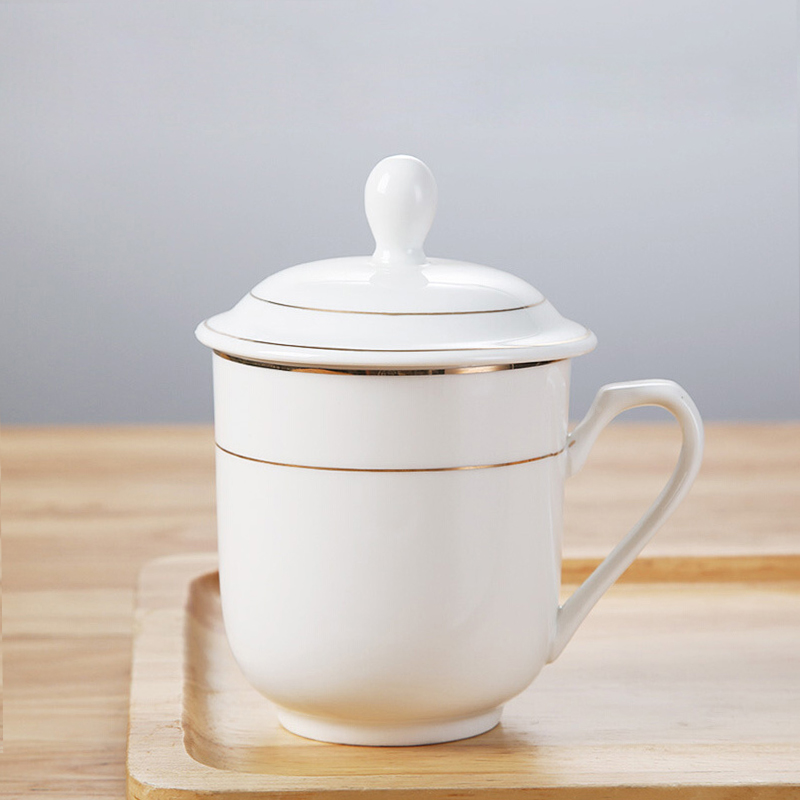 天泽 茶杯陶瓷杯子带盖白瓷杯水杯纯白酒店会议水杯办公室介杯带手柄