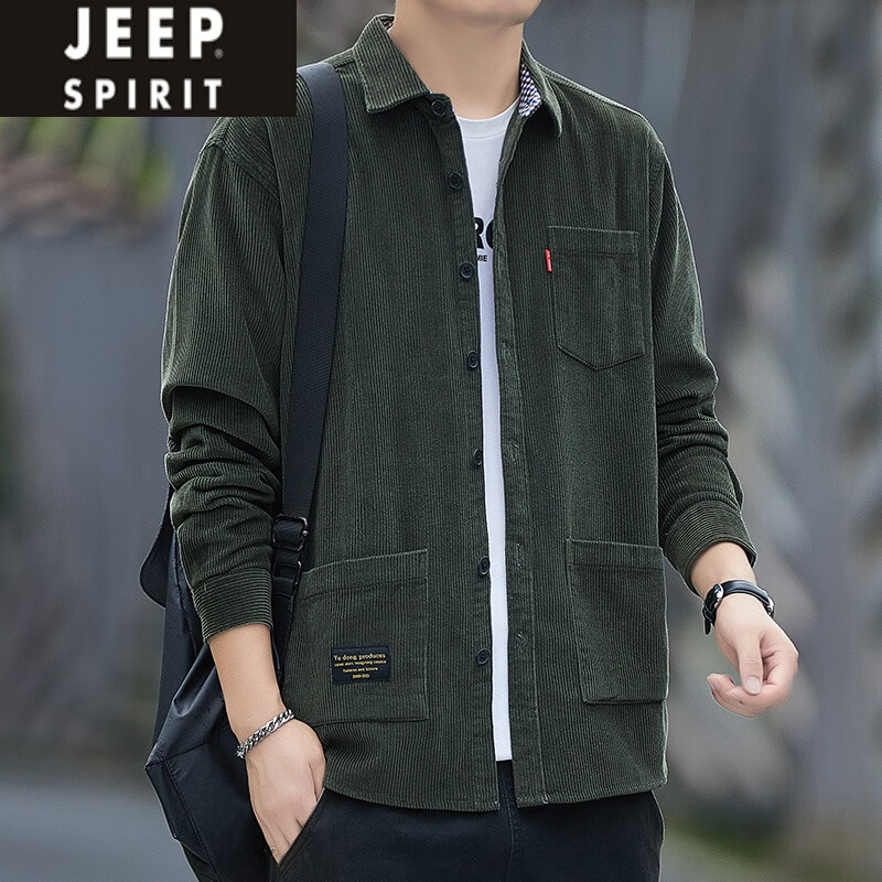 JEEP SPIRIT重磅新款纯棉灯芯绒长袖衬衫男士秋冬款港风工装全棉衬衣外套大码 黑色(三口袋) C608 M (建议95-115斤)