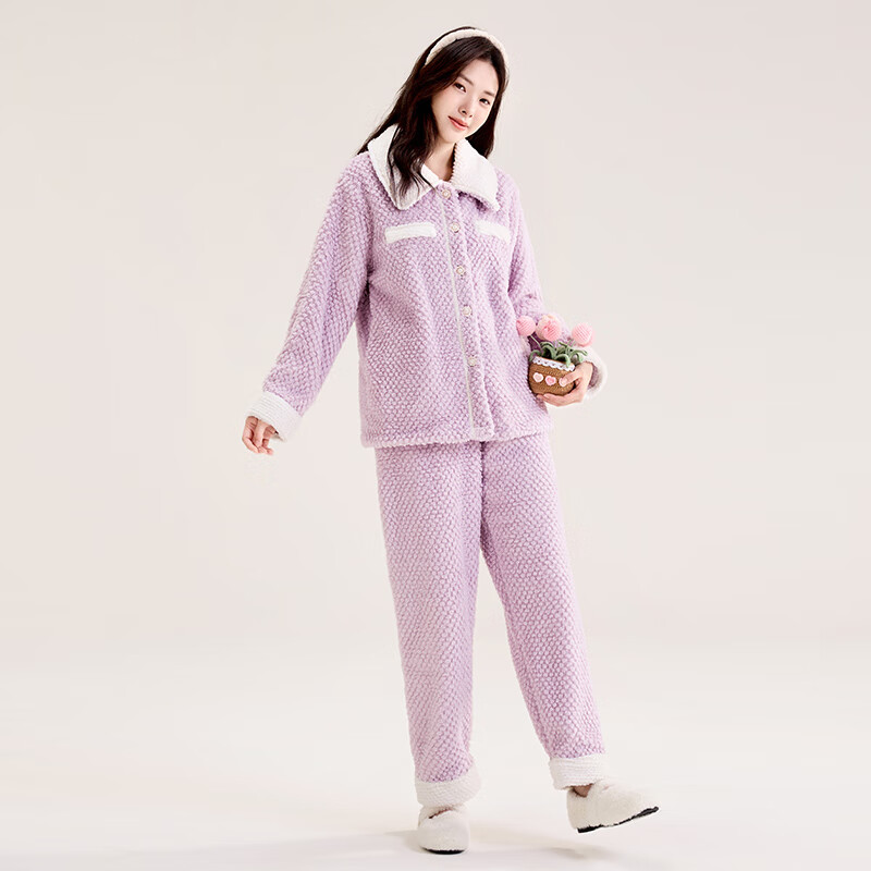 玛伦萨（manza）珊瑚绒睡衣女秋冬季加绒加厚保暖可外穿长袖长裤女士家居服套装 香芋紫 L