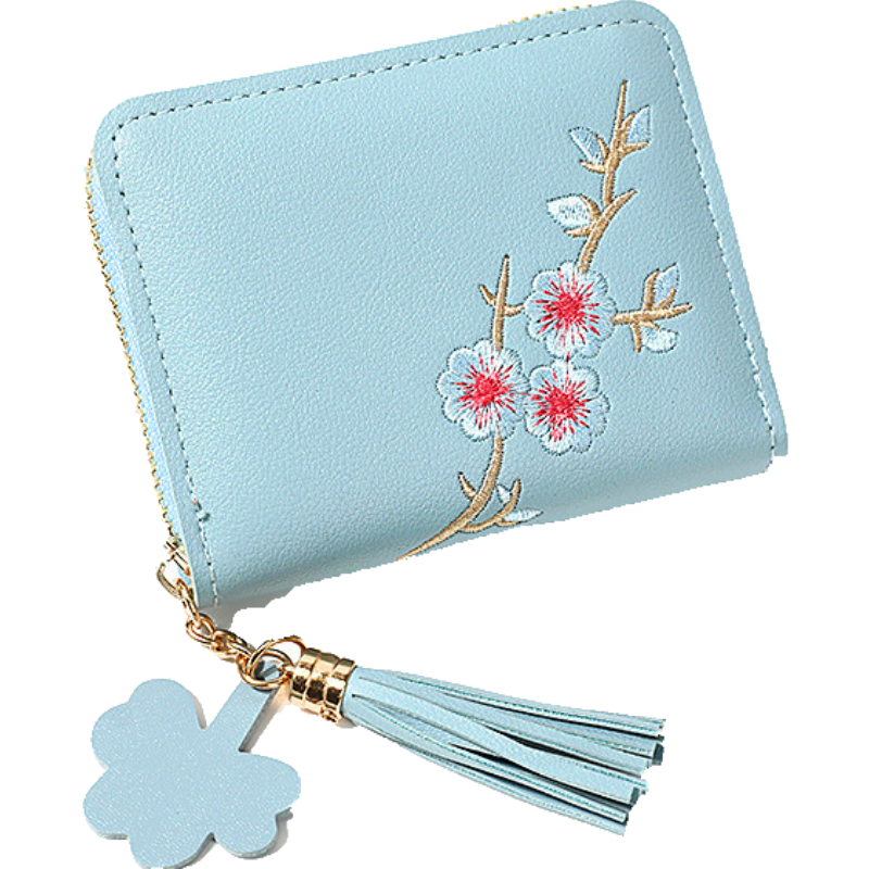 新款女士小清晰零錢包 INS網(wǎng)紅花朵PU皮刺繡動(dòng)物少女學(xué)生短款錢包 紅色