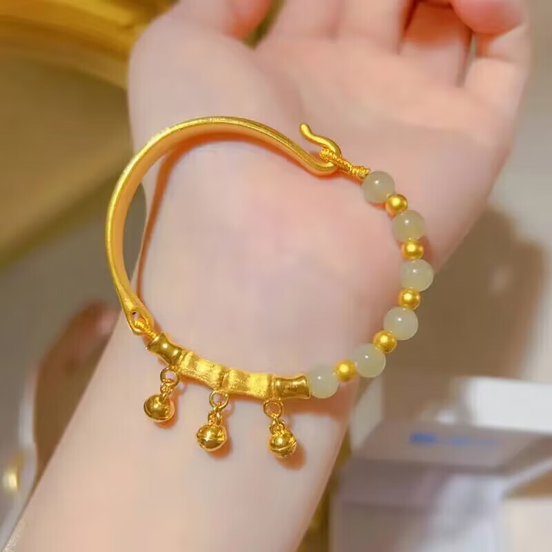 JTET老鳳凰黃金鈴鐺竹節(jié)半鐲手鏈女足金999轉(zhuǎn)運(yùn)珠和田玉手鏈送女友禮 足金鈴鐺竹節(jié)和田玉半鐲手鏈