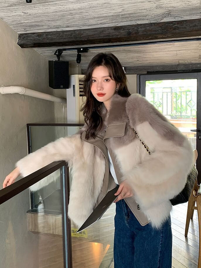 右姑娘皮草外套女冬季新款加厚上档次洋气时尚轻奢韩版 灰白拼辛集