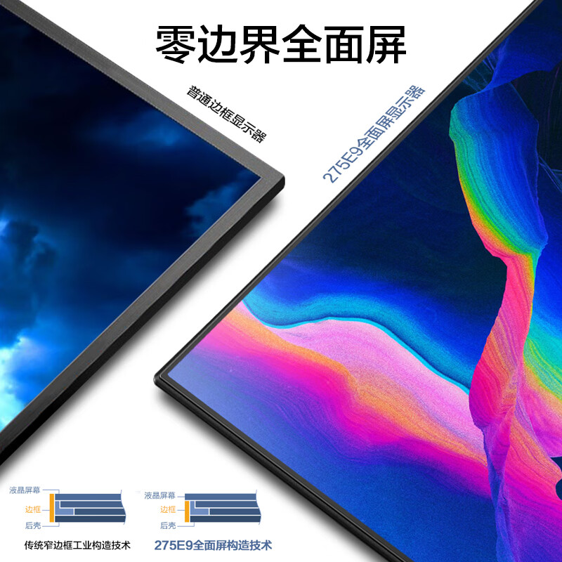 飞利浦 27英寸 2K 纤薄全面屏 LGD-IPS 75Hz 131%sRGB 游戏模式 高清办公显示器 拼接显示屏275E9