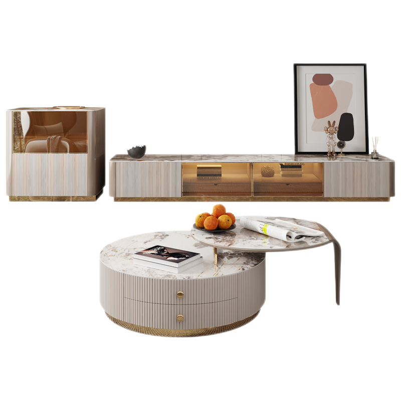 【七夕礼遇季】简奢表情 潘多拉岩板茶几电视柜组合小户型家用收纳轻奢现代简约墙柜地柜 组合茶几【潘多拉亮光岩板】 默认1