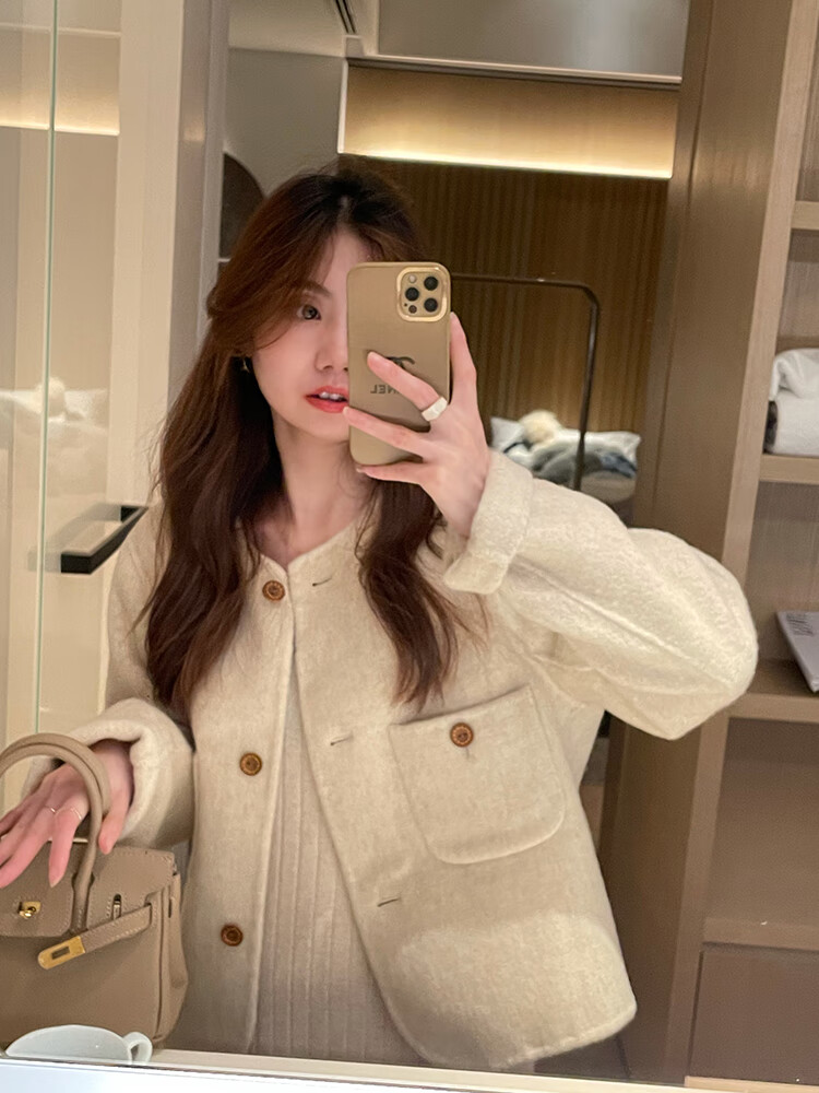 歌鹏双面呢短款女学生版短款双面羊绒大衣女小个子小香风设计感 杏