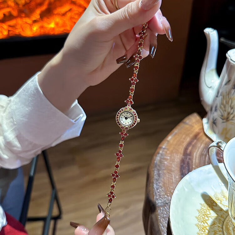 日系轻奢天然石榴石手链式minni盘流苏手表中古小众高级感女表 红石榴