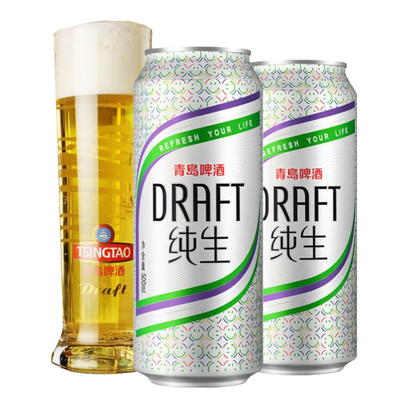 青島啤酒（TsingTao）純生原麥汁濃度8°P大罐一口鮮活青島純生啤酒 500mL 12罐 整箱裝