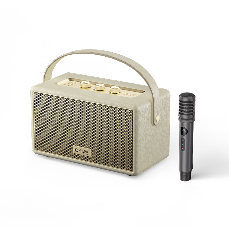 不见不散W200无线蓝牙音箱【帮下歌】手提便携式广场舞立体环绕音响家用K歌麦克风一体机大音量唱歌高音质 乳酪白【双麦】