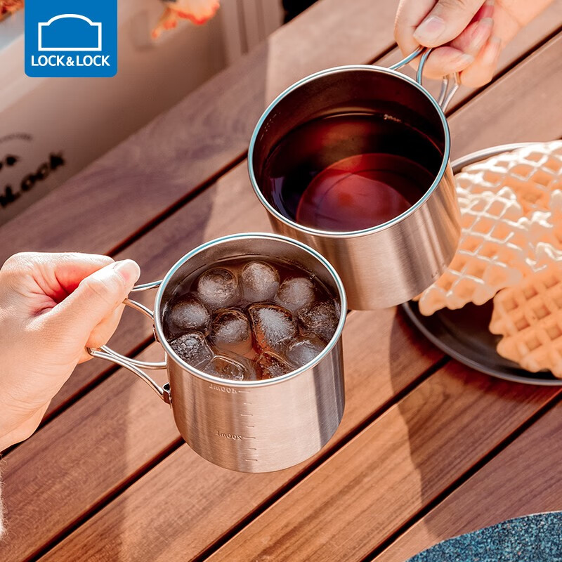乐扣乐扣（LOCK&LOCK）户外露营啤酒杯水杯咖啡杯便携式不锈钢杯子可折叠套装野营 1+1套装【450ML+550ML】