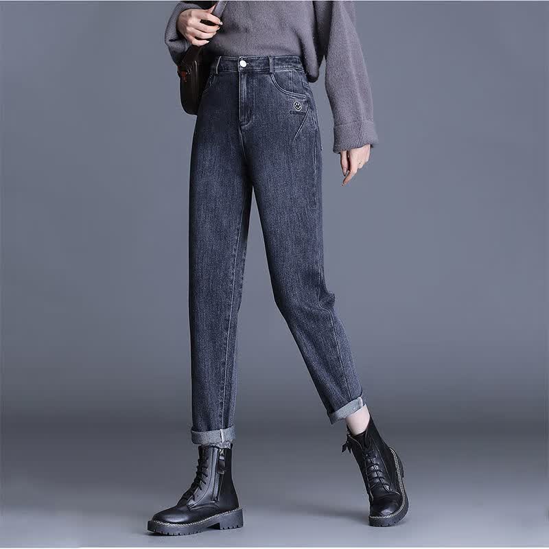 搭配马丁靴的裤子女蓝灰牛仔裤女弹力宽松哈伦直筒2022春秋新款高腰