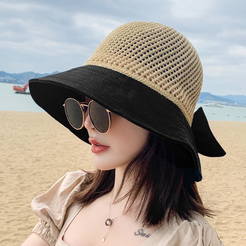 艾莱客 渔夫帽子女韩版可爱萌妹草帽遮阳帽户外旅行沙滩太阳帽盆帽 大镂空顶-黑色