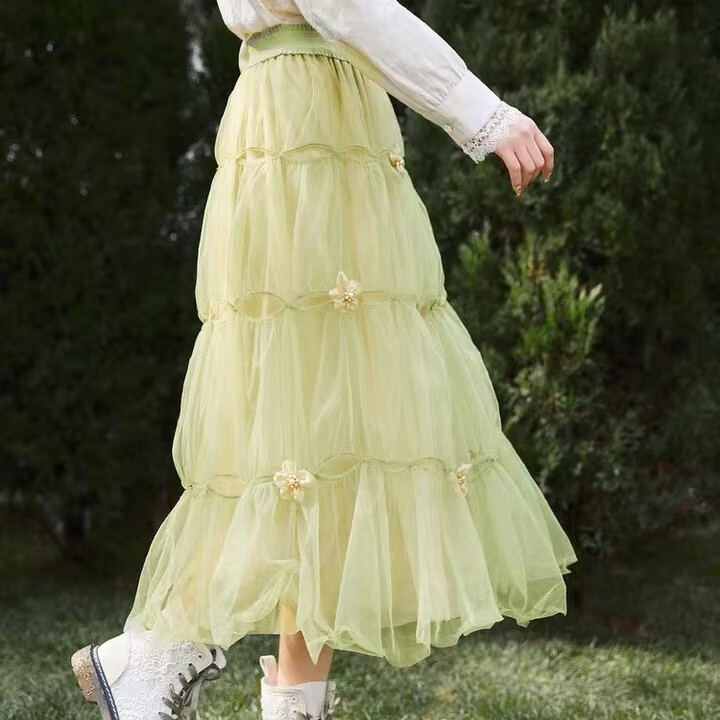 yzyo秋天下半身长裙沙沙裙少女生半截裙法式小香风高档网纱裙遮肉高级