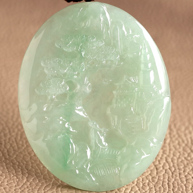 石之富珠宝缅甸天然玉石翡翠a货冰种浅绿巧雕山水牌吊坠32.20克