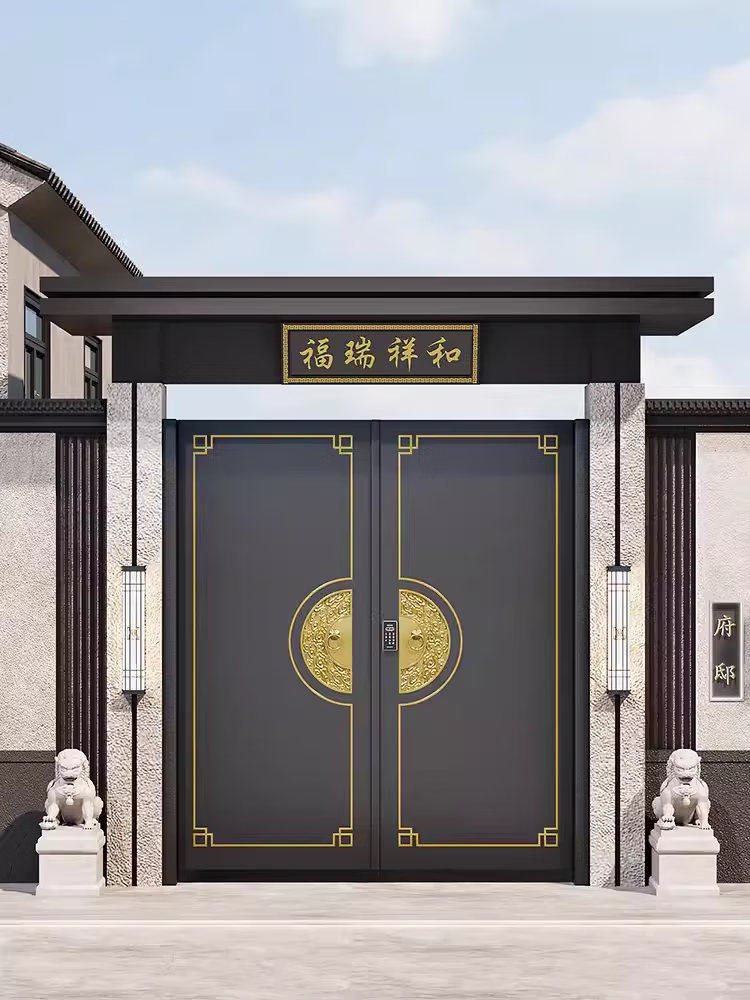 润华年新中式精雕铝合金庭院门高端双开别墅大门电动自建房院子门头