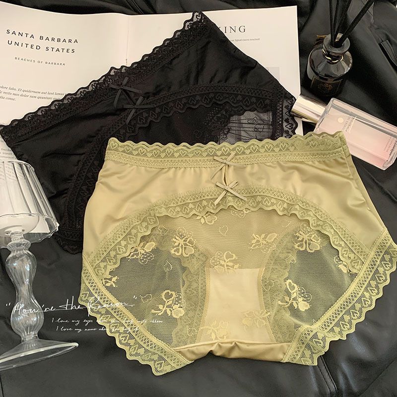 浪莎内裤女性感纯欲诱惑蕾丝透明镂空中腰透气桑蚕丝裆女裤头 绿色